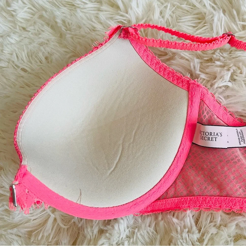 VICTORIAS SECRET Dream Angels Push Up Racerback Fishnet Bra Coral Pink Size 34D